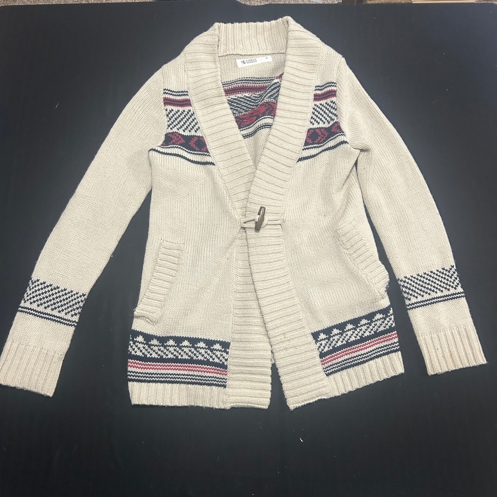Carve Designs Womens Medium Wool Blend Toggle Shawl Cardigan Sweater Cream